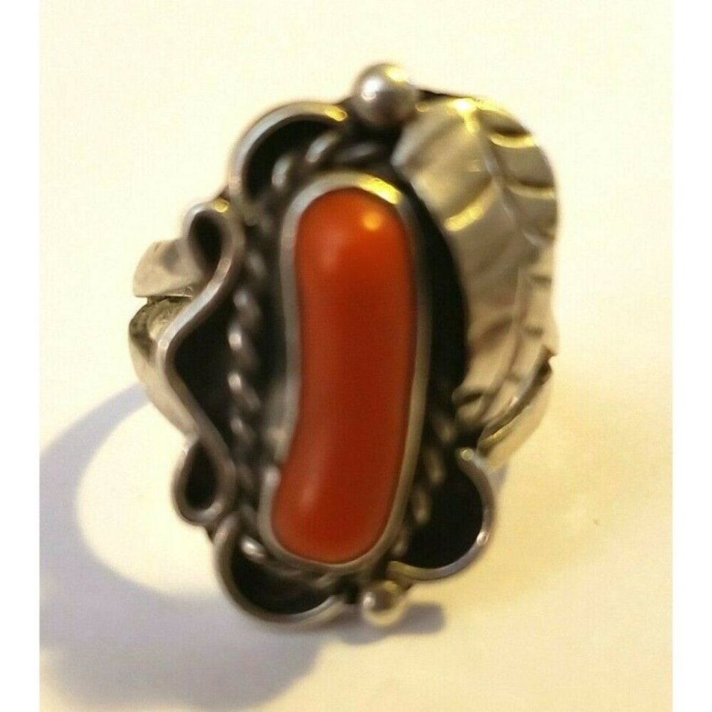 Navajo Signed Coral Sterling Silver Ring sz 5.5   (1426)